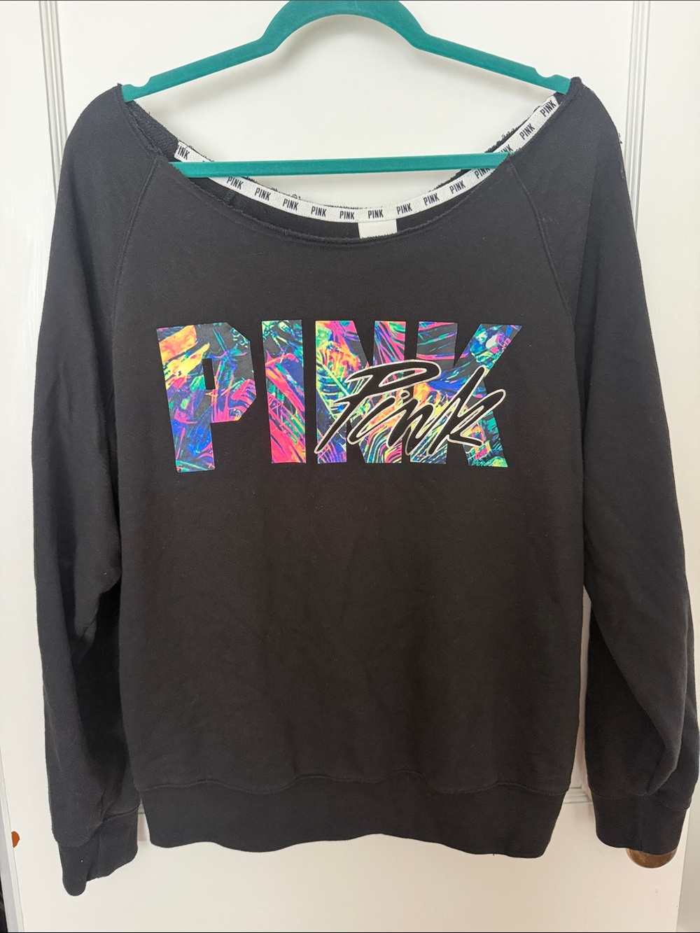 PINK Victoria's Secret Black Off-the-Shoulder Sweatshirt with Iridescent Logo